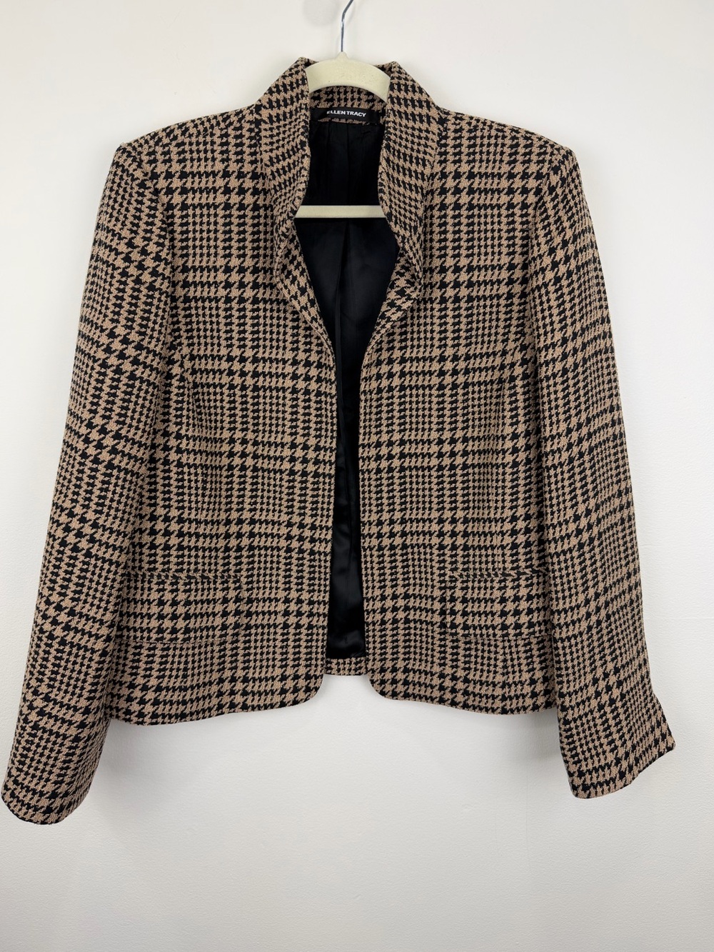 Ellen Tracy Wool Blend Houndstooth Plaid Blazer Jacket L Black Tan
